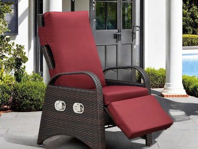 Brand new Outdoor Wicker Patio Recliner Chair with Adjustable Backrest, Footrest & Red Cushions