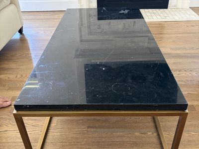 Restoration Hardware - black Marble Coffee Table 72"W, Carrara Marble/Burnished Brass