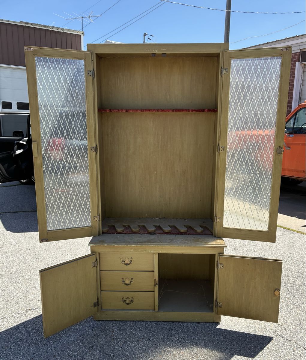 Vintage Custom Built Wooden Gun Cabinet Display Case with Glass Doors and Storage