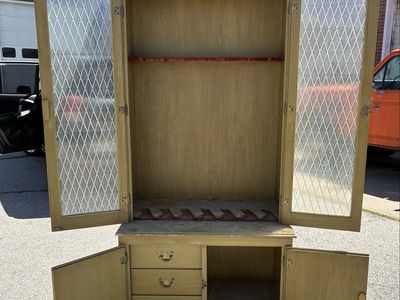 Vintage Custom Built Wooden Gun Cabinet Display Case with Glass Doors and Storage