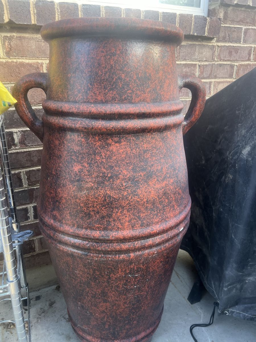 Large Decorative Red and Black Textured Urn Planter with Handles