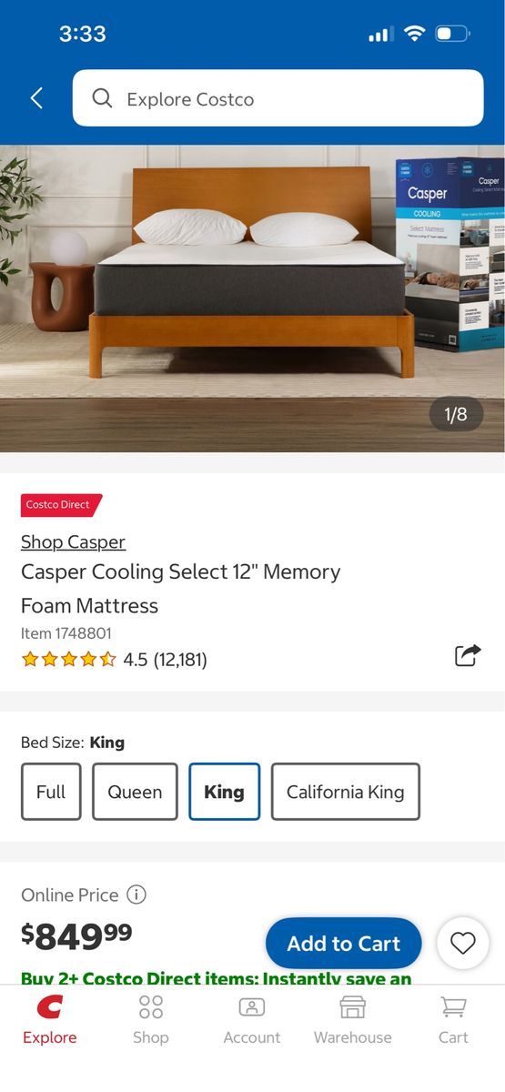 Casper Cooling Select 12" Memory Foam Mattresses (King & Queen Sizes Available)
