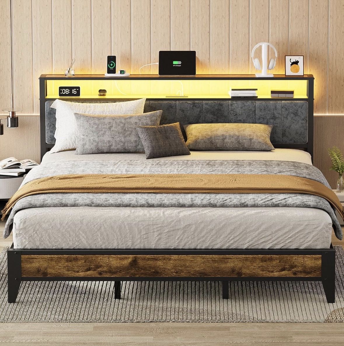 King Size LED Bed Frame with Storage Headboard and Charging Station