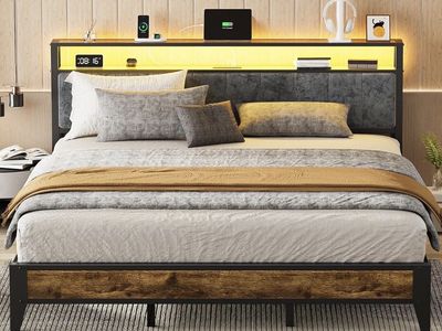 King Size LED Bed Frame with Storage Headboard and Charging Station