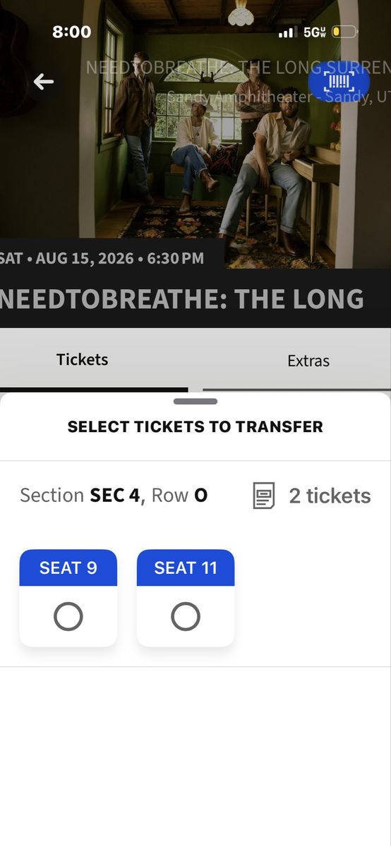 2 NEEDTOBREATHE Concert Tickets - Sandy Amphitheater - Sec 4, Row O, Seats 9 & 11