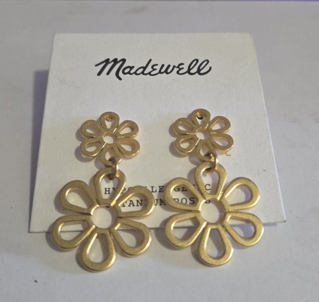 Madewell Gold-Tone Daisy Drop Earrings - Hypoallergenic Titanium Posts, Floral Statement Jewelry