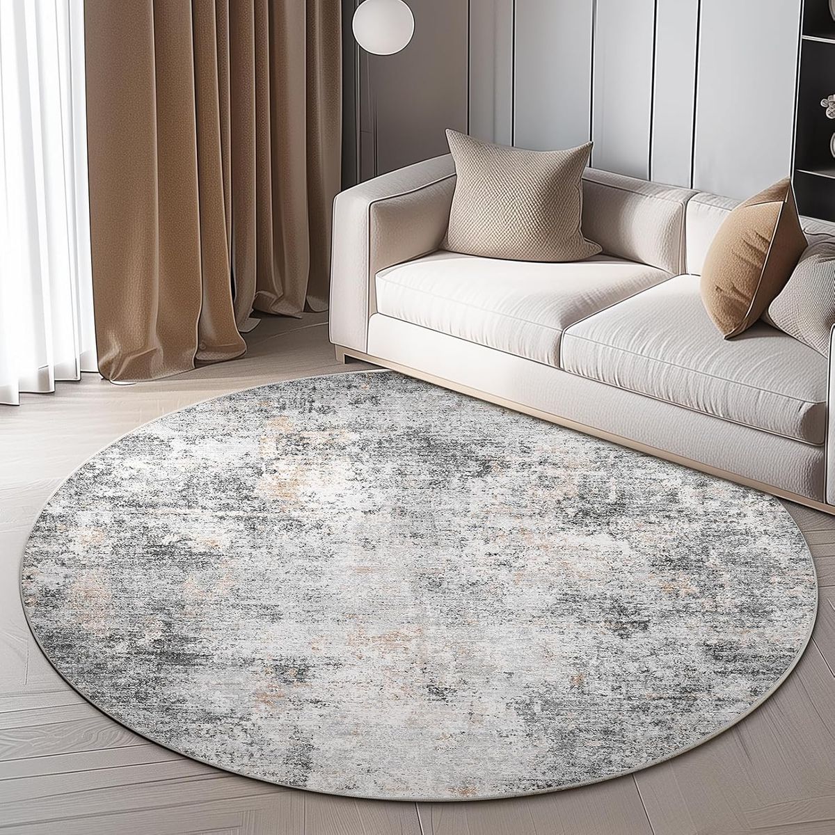 NEW  7ft Modern Area Rug 7' Round Circle Mat Washable Abstract Modern Distressed Floor Cover Grey