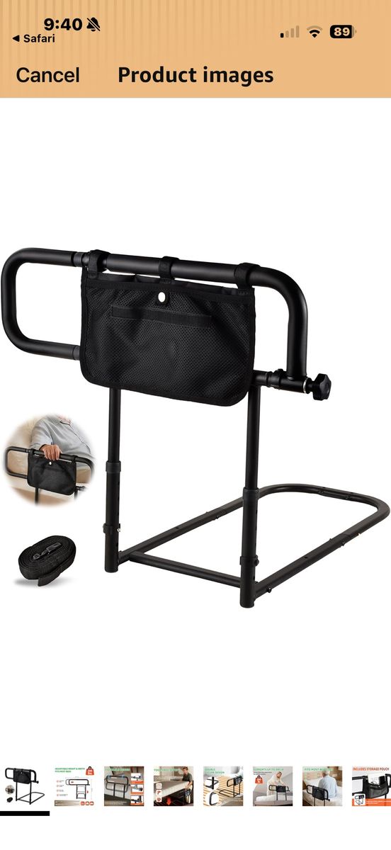 Adjustable Bed Rail Safety Assist Handle with Storage Pouch