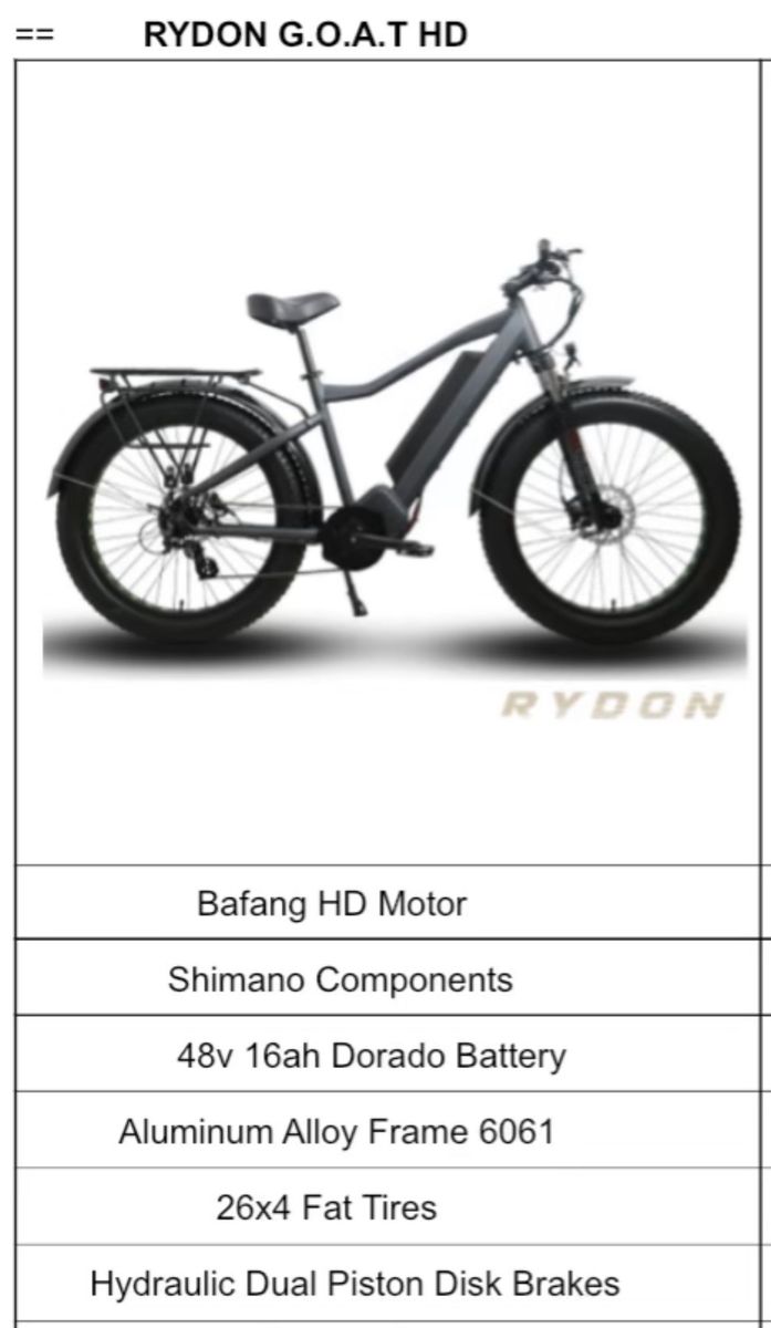 Rydon G.O.A.T HD Electric Bike Hunting/road