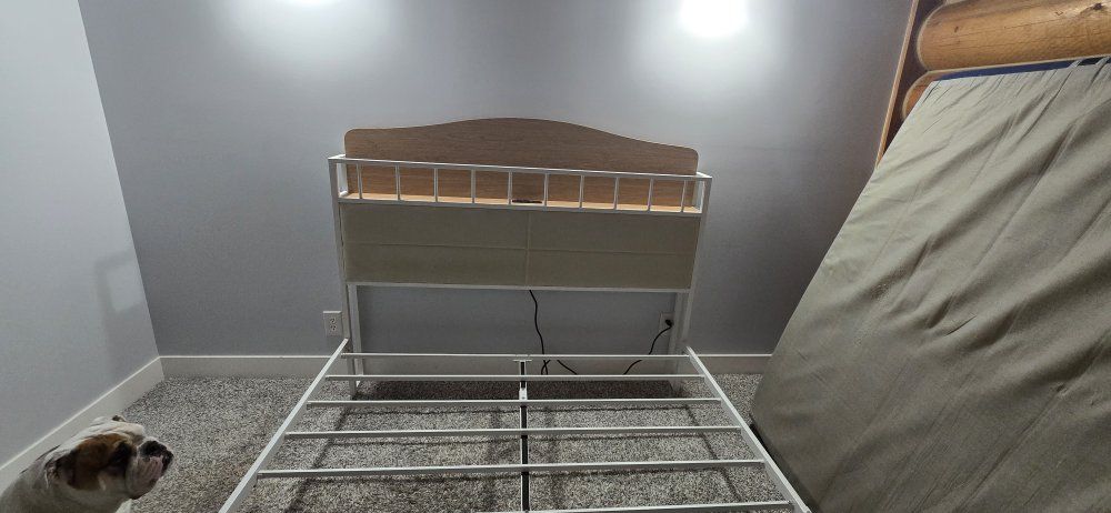 Metal Queen  Platform Bed Frame with Storage Headboard and Charging Station