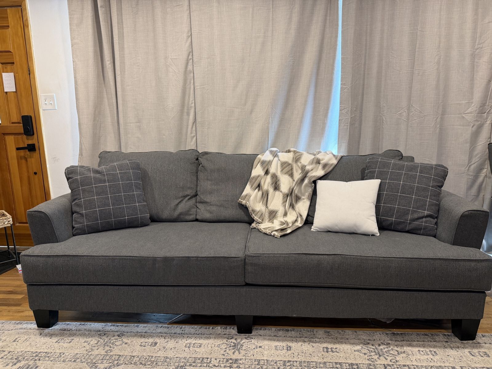 Dark Charcoal Gray Fabric Sofa Couch with Accent Pillows