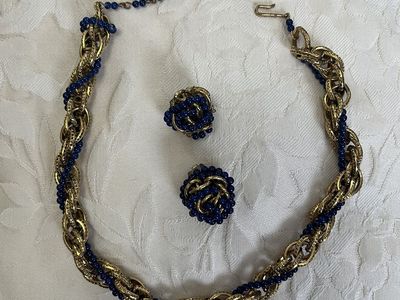 1950's Gold Plated Choker with Intertwined Dark Blue Glass Beads and Earrings-Vintage
