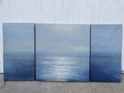 Abstract Blue Grey Ocean Sunset Wall Art - 3 Piece Canvas Set for Home Decor