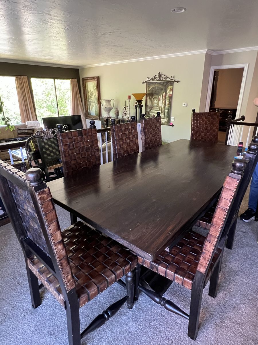 Large Wooden Dining Table with 8 Woven Leather Chairs - Dark Wood Finish, 8-Seater Set