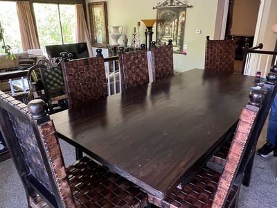 Large Wooden Dining Table with 8 Woven Leather Chairs - Dark Wood Finish, 8-Seater Set