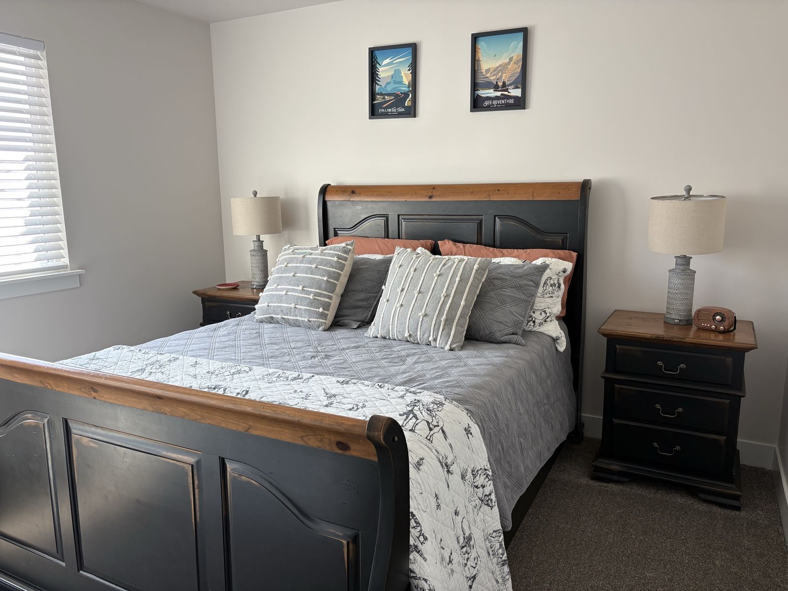 Rustic Black & Natural Wood Queen Sleigh Bed Set with Two Matching Nightstands $ mattress. 