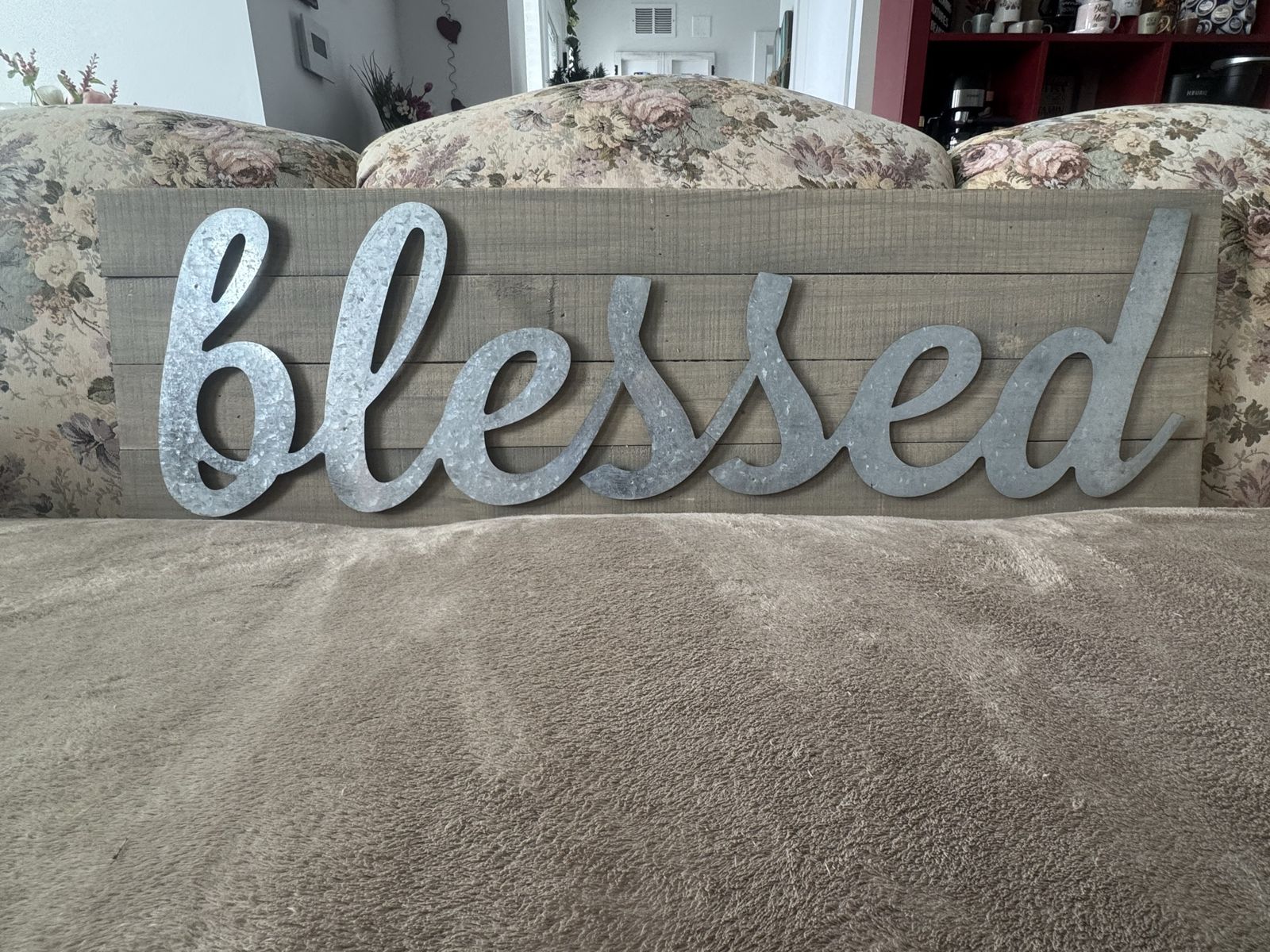 Large Wooden and Galvanized Metal "Blessed" Wall Decor Sign
