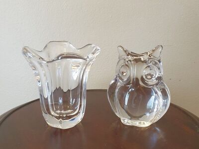 Daum France Crystal Owl and Flower Petal Vase
