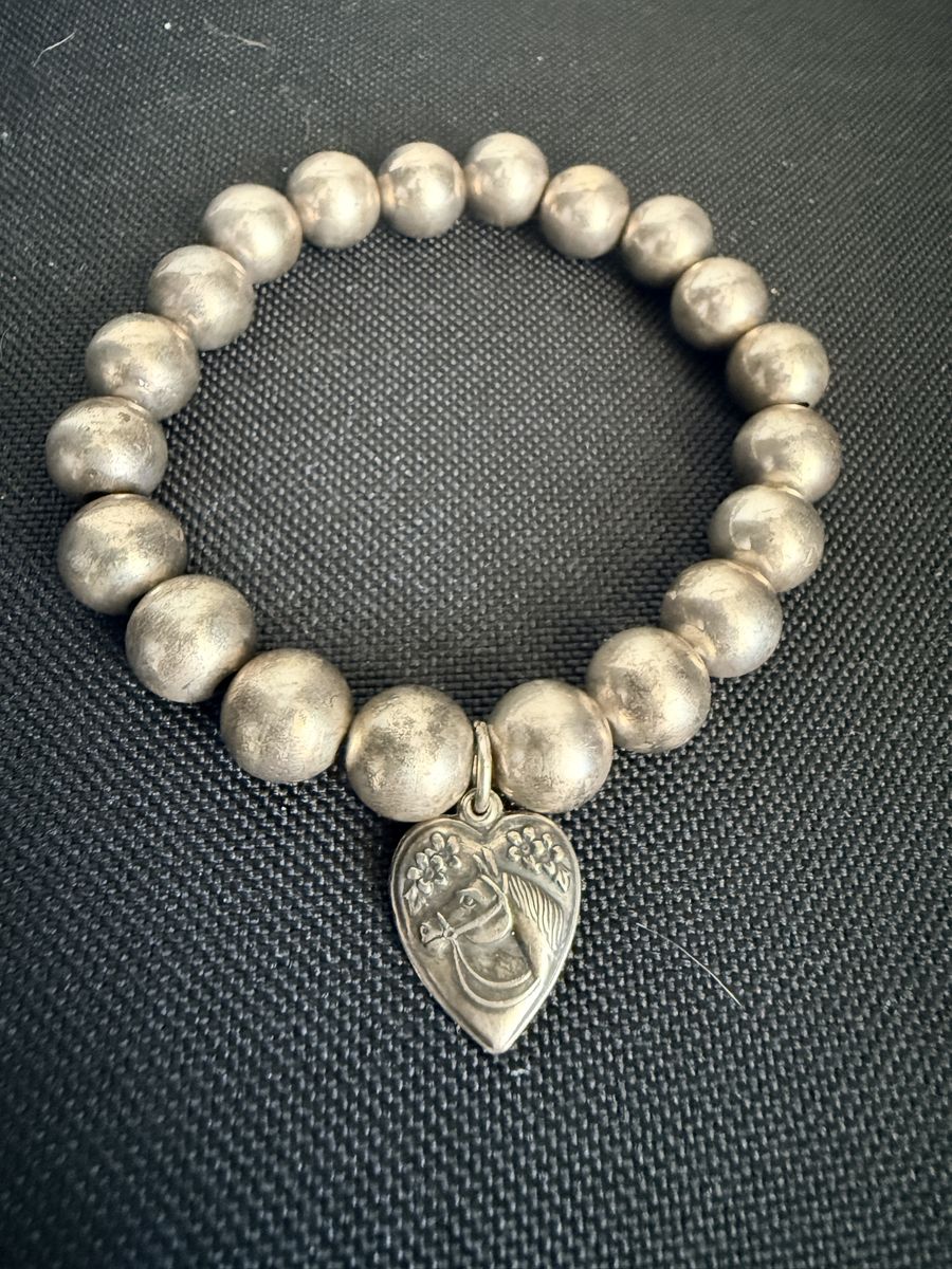 Sterling Silver Beaded Bracelet with Engraved Heart Charm - 925