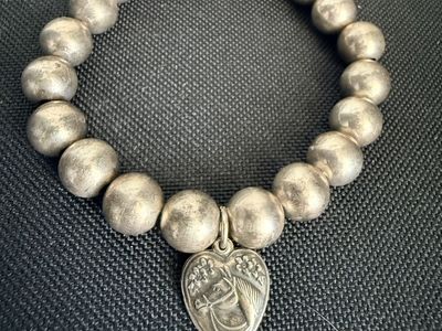 Sterling Silver Beaded Bracelet with Engraved Heart Charm - 925