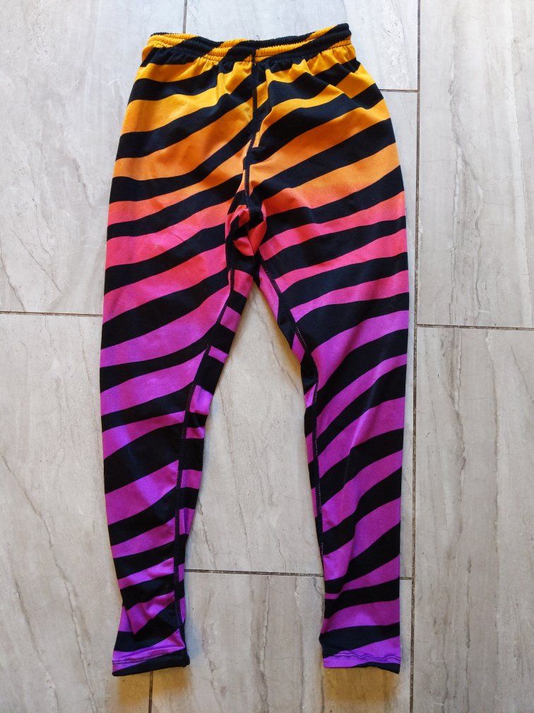 Vintage 80s or 90s tiger stripe design Sportco Leggings - small- Orange, Pink & Purple, Elastic Waist, Drawstring