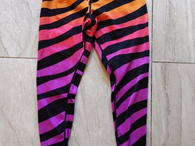 Vintage 80s or 90s tiger stripe design Sportco Leggings - small- Orange, Pink & Purple, Elastic Waist, Drawstring