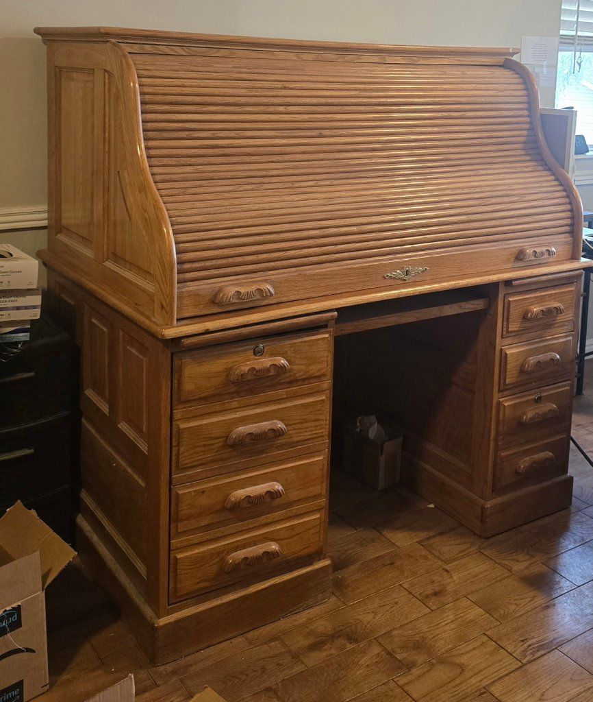 OBO-Classic Oak Roll-Top Desk - Solid Wood with Multiple Drawers & Lockable Storage