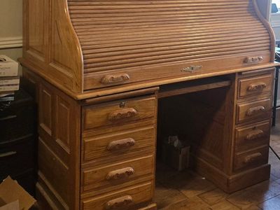 OBO-Classic Oak Roll-Top Desk - Solid Wood with Multiple Drawers & Lockable Storage