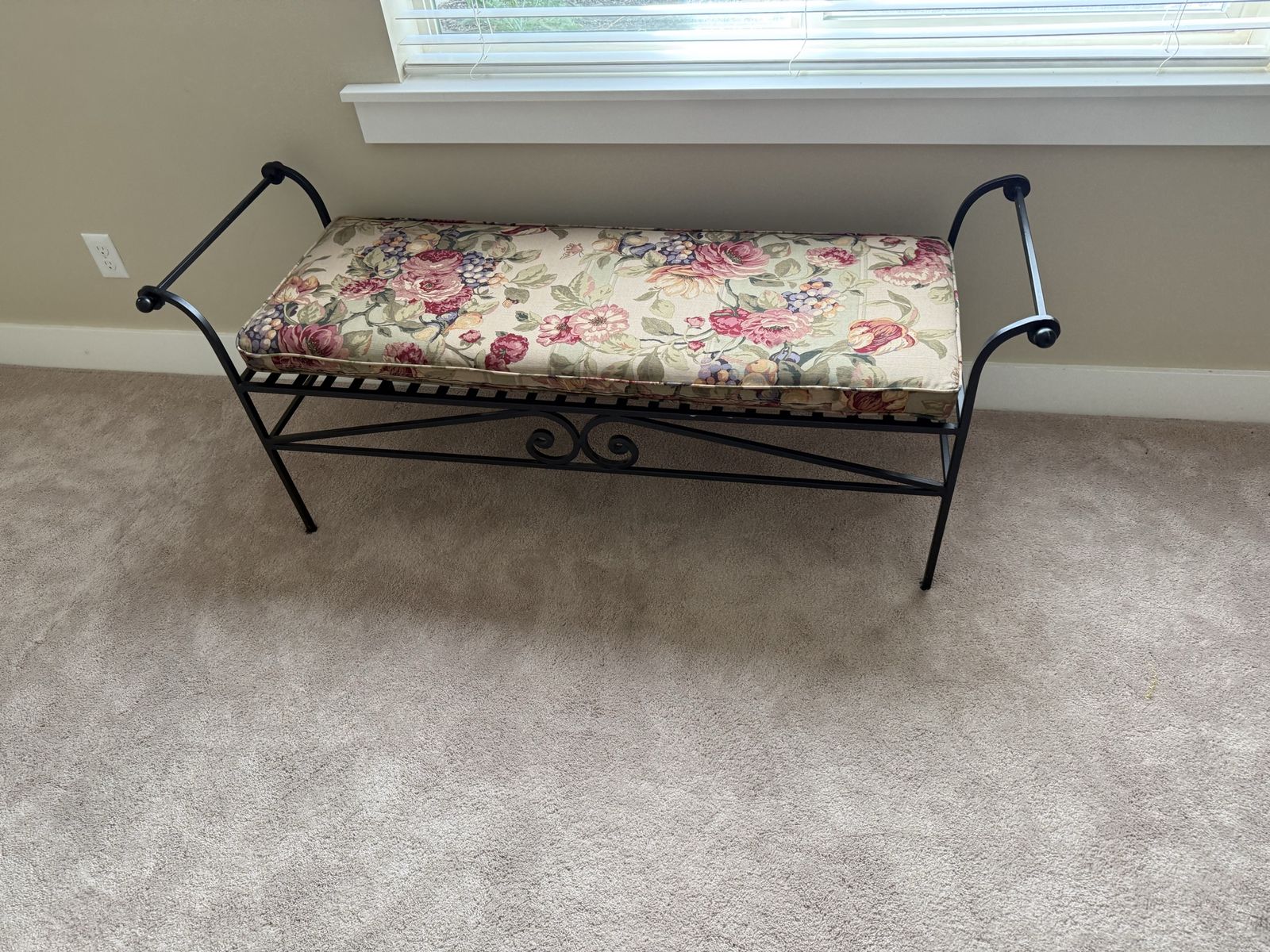 Wrought Iron Floral Upholstered Entryway Bedroom Bench with Armrests - Black Metal Frame