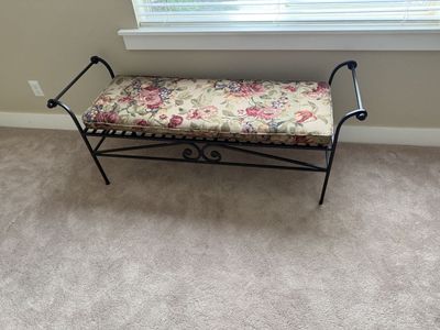 Wrought Iron Floral Upholstered Entryway Bedroom Bench with Armrests - Black Metal Frame