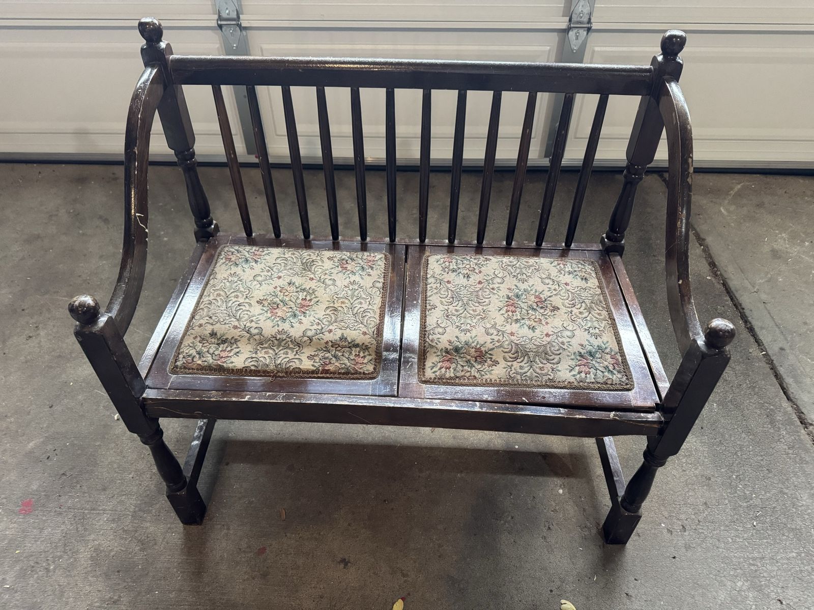 Vintage Wooden Spindle Bench with Floral Upholstered Seats - Distressed Finish