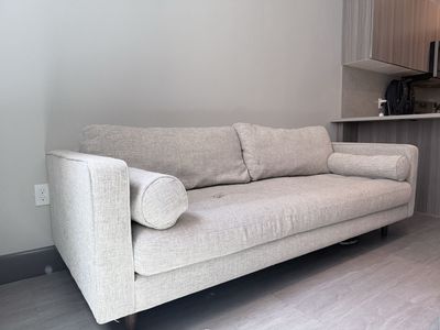 Light Gray Fabric Sofa Couch with Bolster Pillows - Excellent Condition