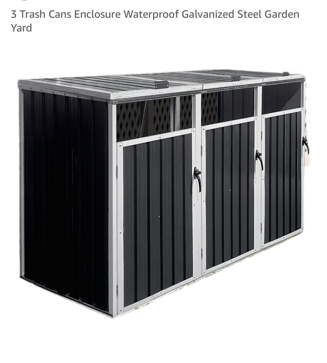 Waterproof Galvanized Steel 3-Can Trash Enclosure for Garden Yard - Black/Silver