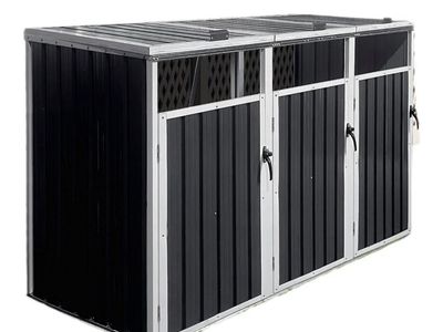 Waterproof Galvanized Steel 3-Can Trash Enclosure for Garden Yard - Black/Silver