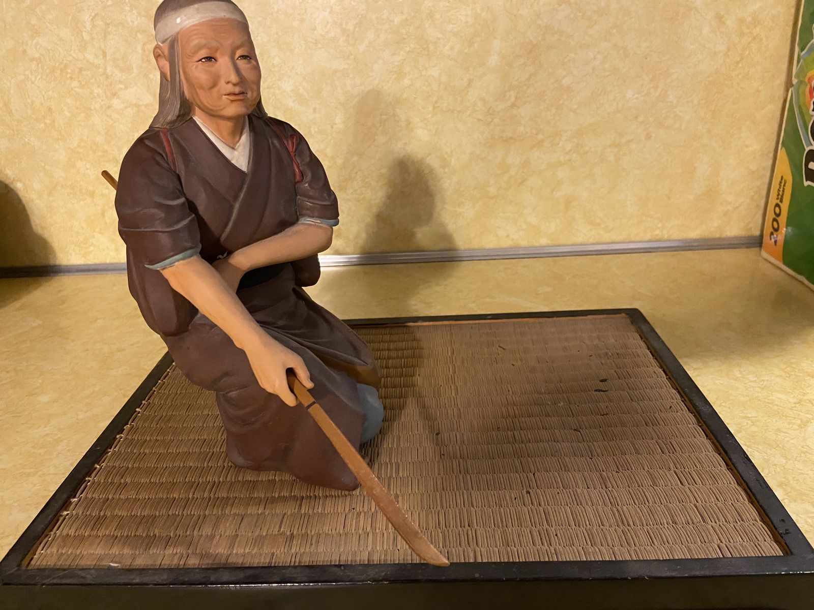Vintage Japanese Fisherman Statue Hand-Carved Wood with Tatami Mat Base, Folk Art Decor