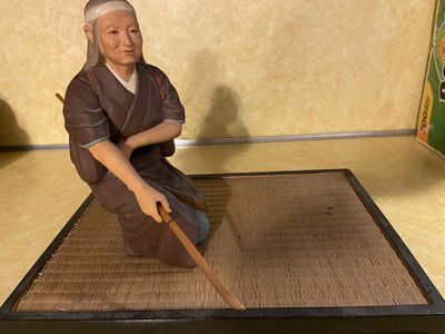 Vintage Japanese Fisherman Statue Hand-Carved Wood with Tatami Mat Base, Folk Art Decor