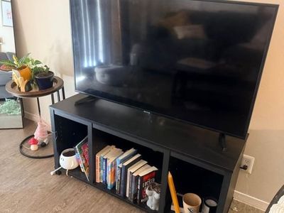 Black TV Stand with Open Shelving Storage Unit