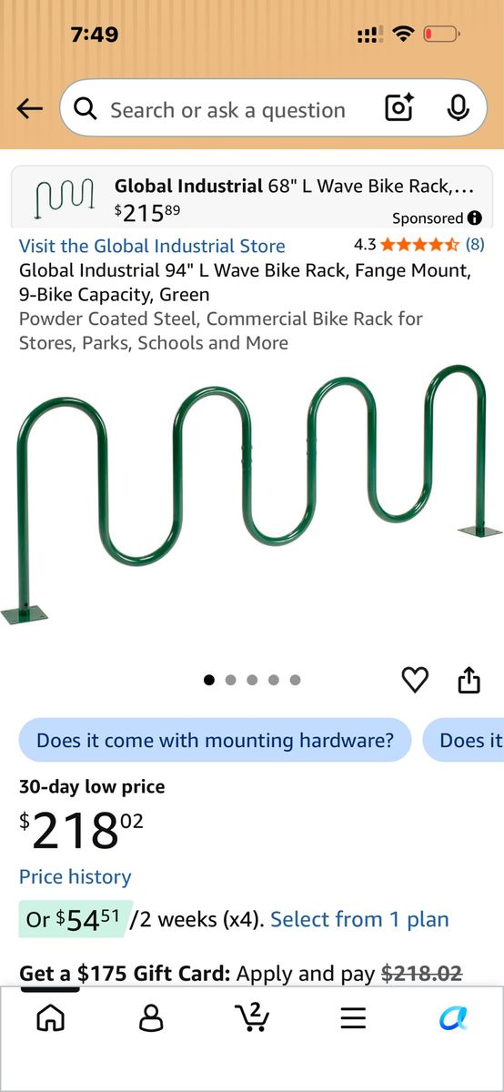 Global Industrial 94" L Wave Bike Rack, Flange Mount, 9-Bike Capacity, Black Powder Coated Steel