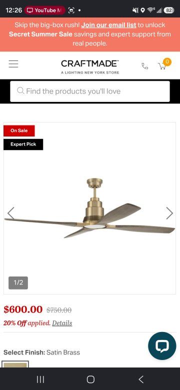 CRAFTMADE Satin Brass Ceiling Fan - Modern Design, Expert Pick, 20% Off Retail