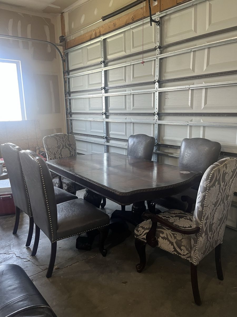 Ornate Wood Dining Table with 6 Chairs - 2 Captains, 4 Side Chairs - Grey Upholstery