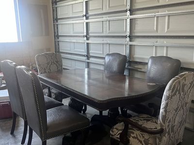 Ornate Wood Dining Table with 6 Chairs - 2 Captains, 4 Side Chairs - Grey Upholstery
