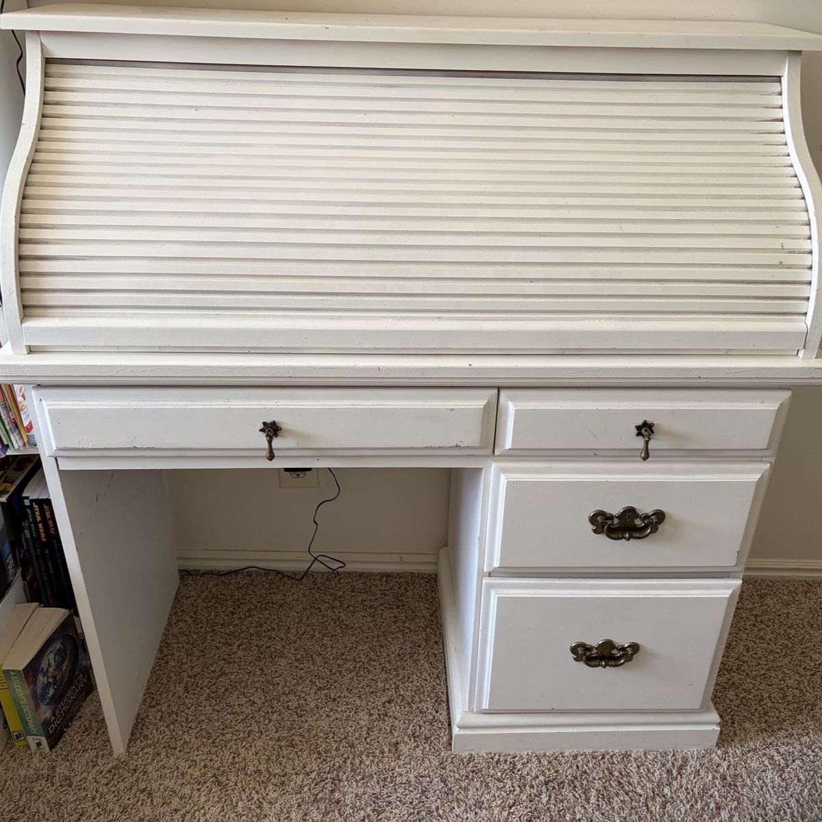 White Wooden Roll-Top Desk with Storage Drawers