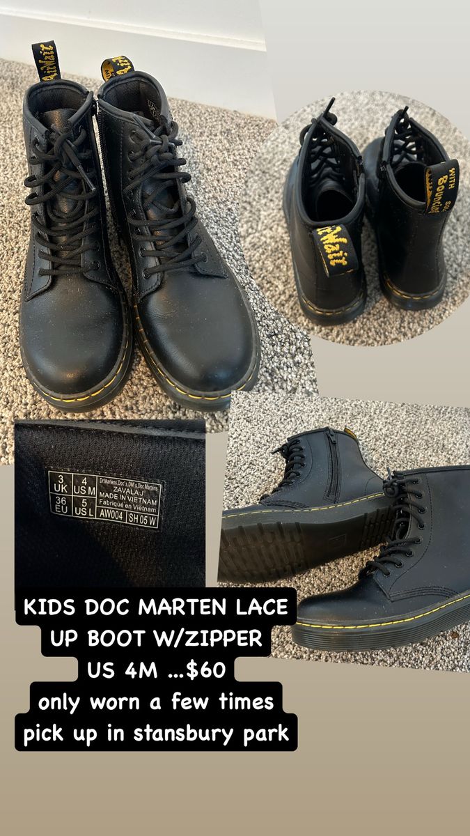 Dr. Martens Zavala J Boys Leather Lace-Up Boots with Side Zipper Black US 4M