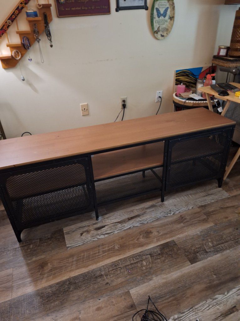 Industrial Style TV Stand/Media Console - Black Metal & Wood, Mesh Cabinets