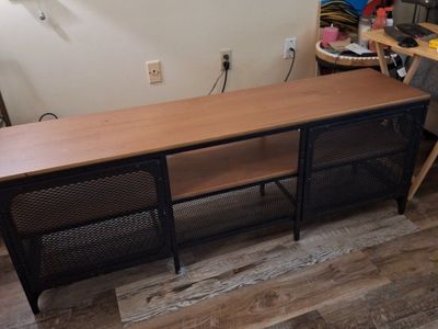 Industrial Style TV Stand/Media Console - Black Metal & Wood, Mesh Cabinets