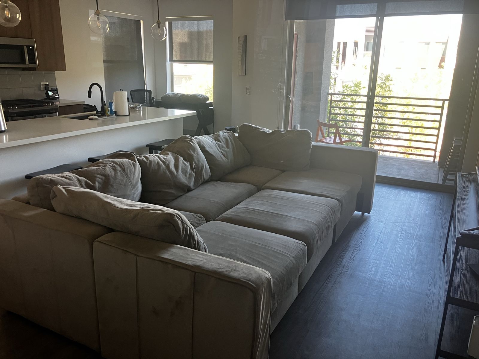 Lovesac Sactional 6-Seat Tan Velvet Modular Couch w/ 65" Roku TV & TV Stand