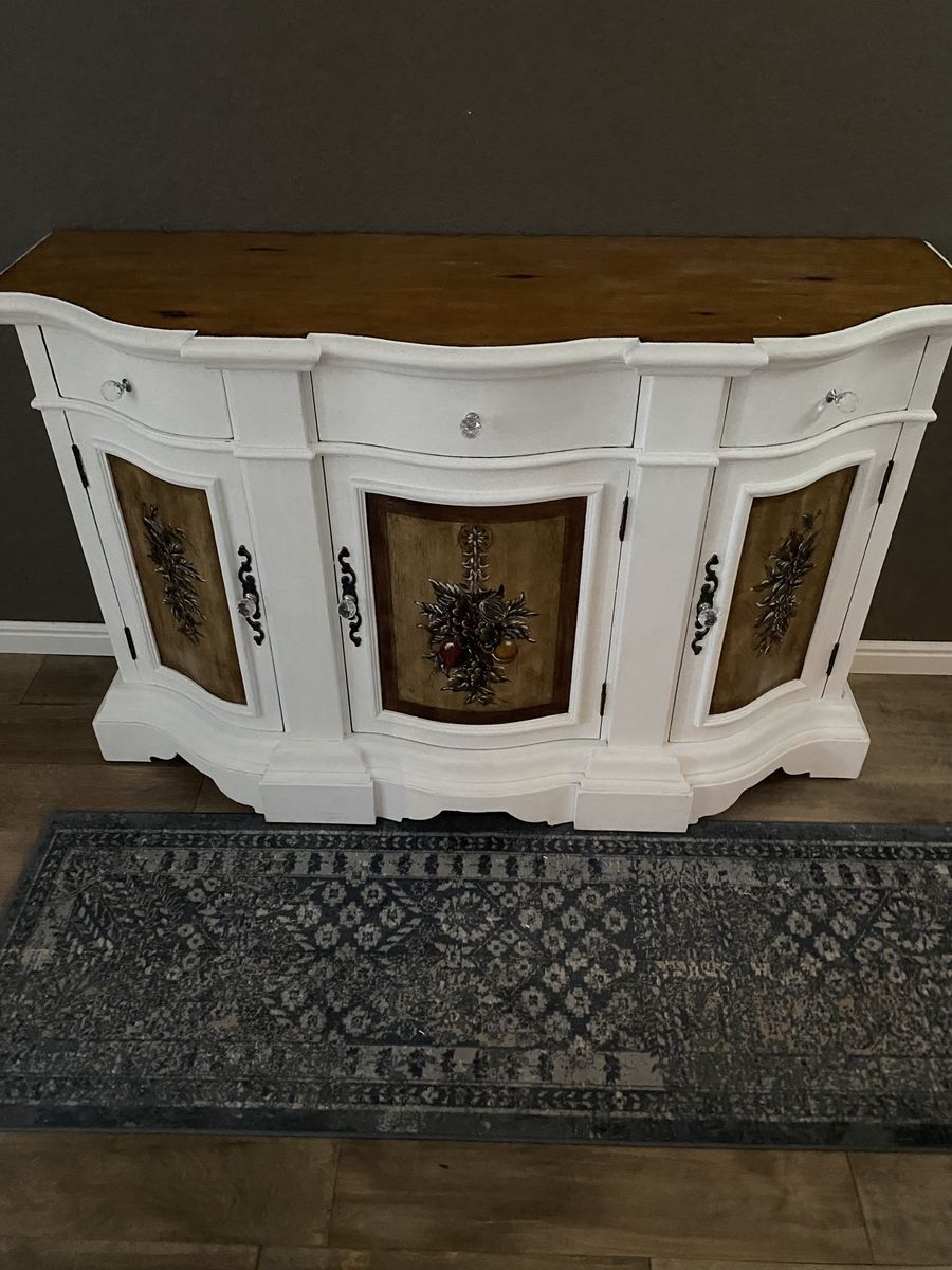 Used White & Wood Accent Cabinet / Sideboard - Ornate Carved Details, Curved Front