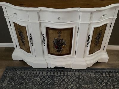 Used White & Wood Accent Cabinet / Sideboard - Ornate Carved Details, Curved Front