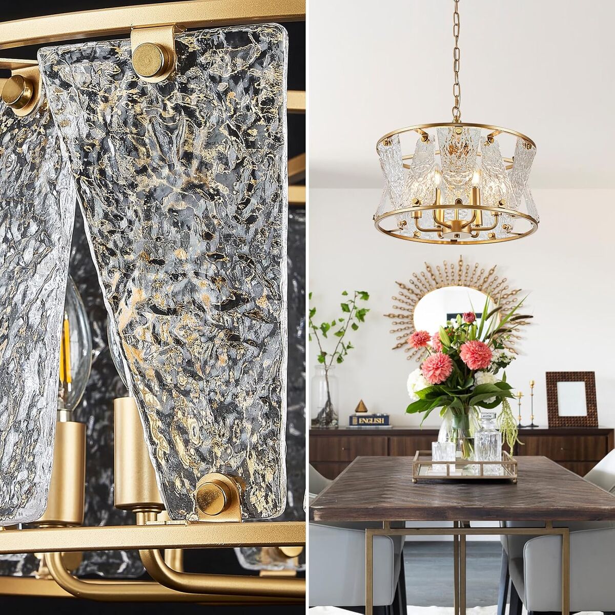 24" Modern Gold Round Chandelier 6 Light Drum Glass Chandelier