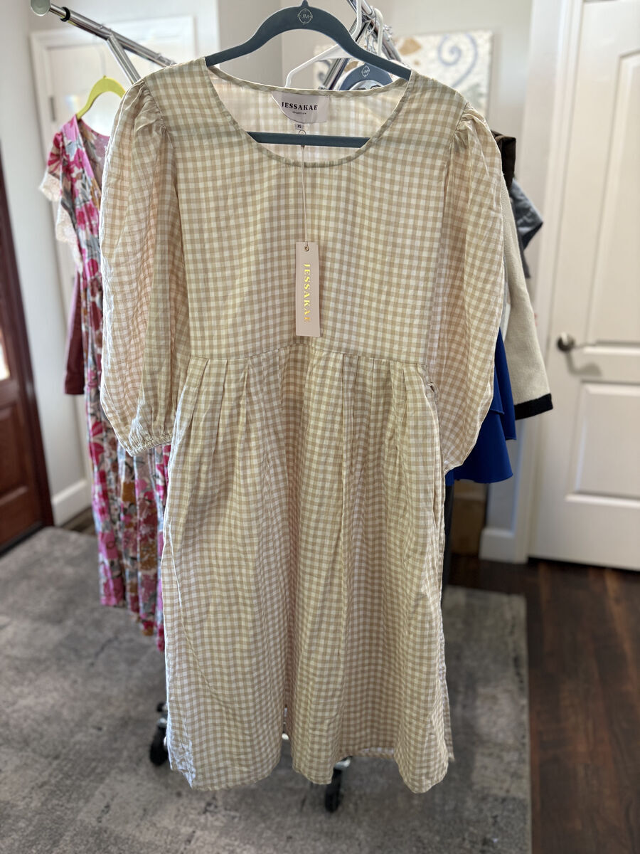 NWT JESSAKAE puff sleeve pocket checkered gingham beige women size XSmall Dress $60 cash/venmo in Draper
